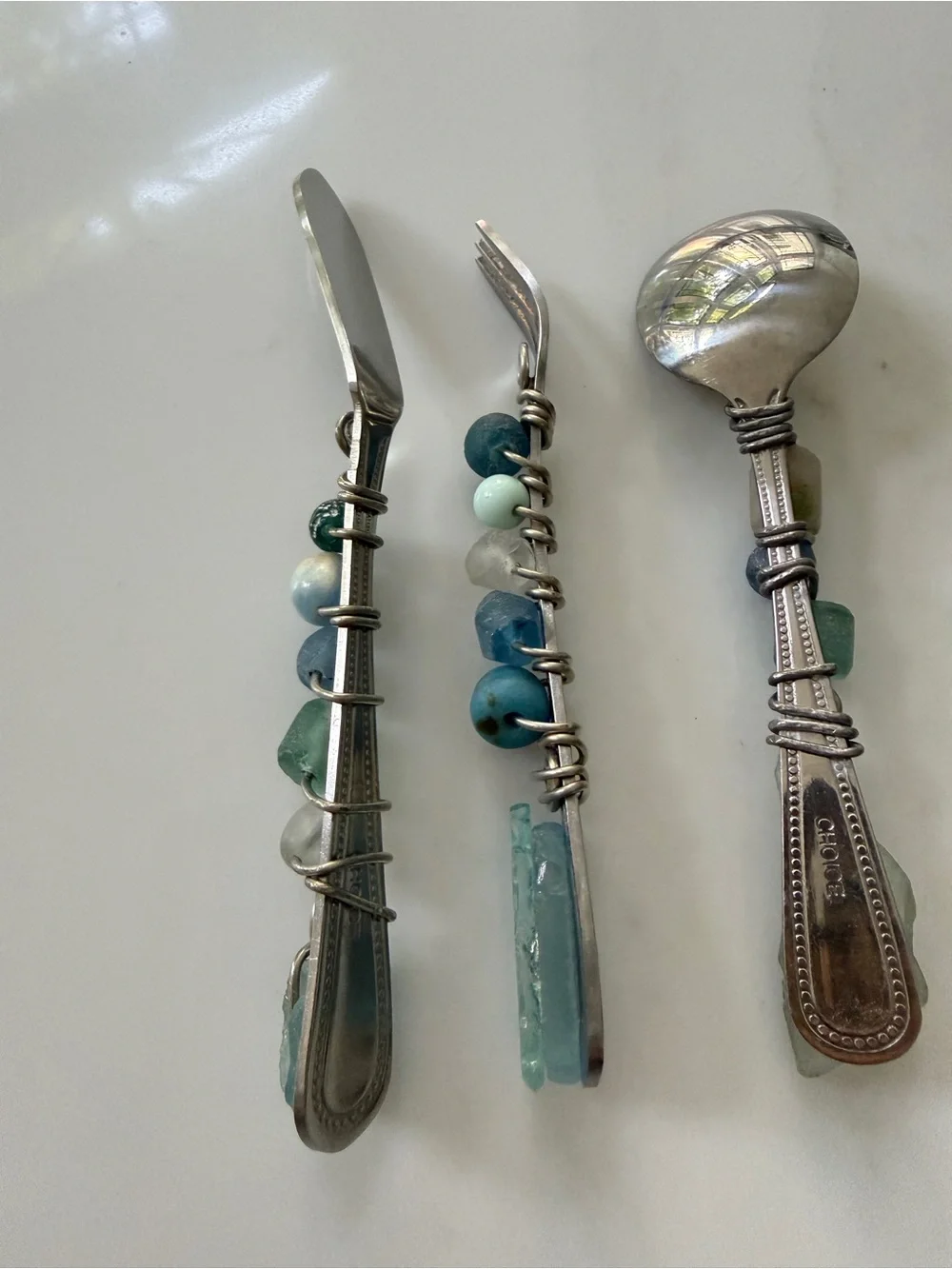 Choice Wire Wrapped stones Sea Glass 3pc Flatware Set Artisan Knife Fork Spoon⁠